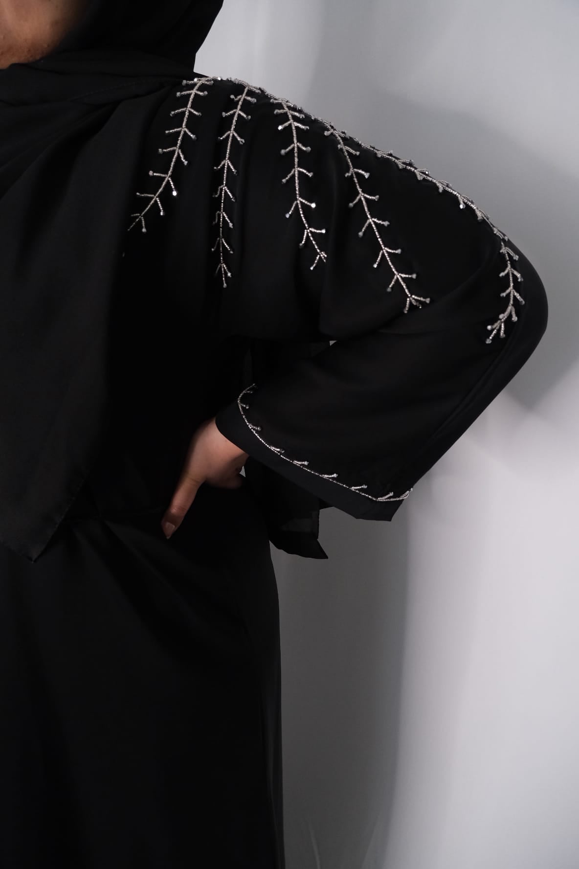 BLACK BRANCH DESIGN BEADED ABAYA