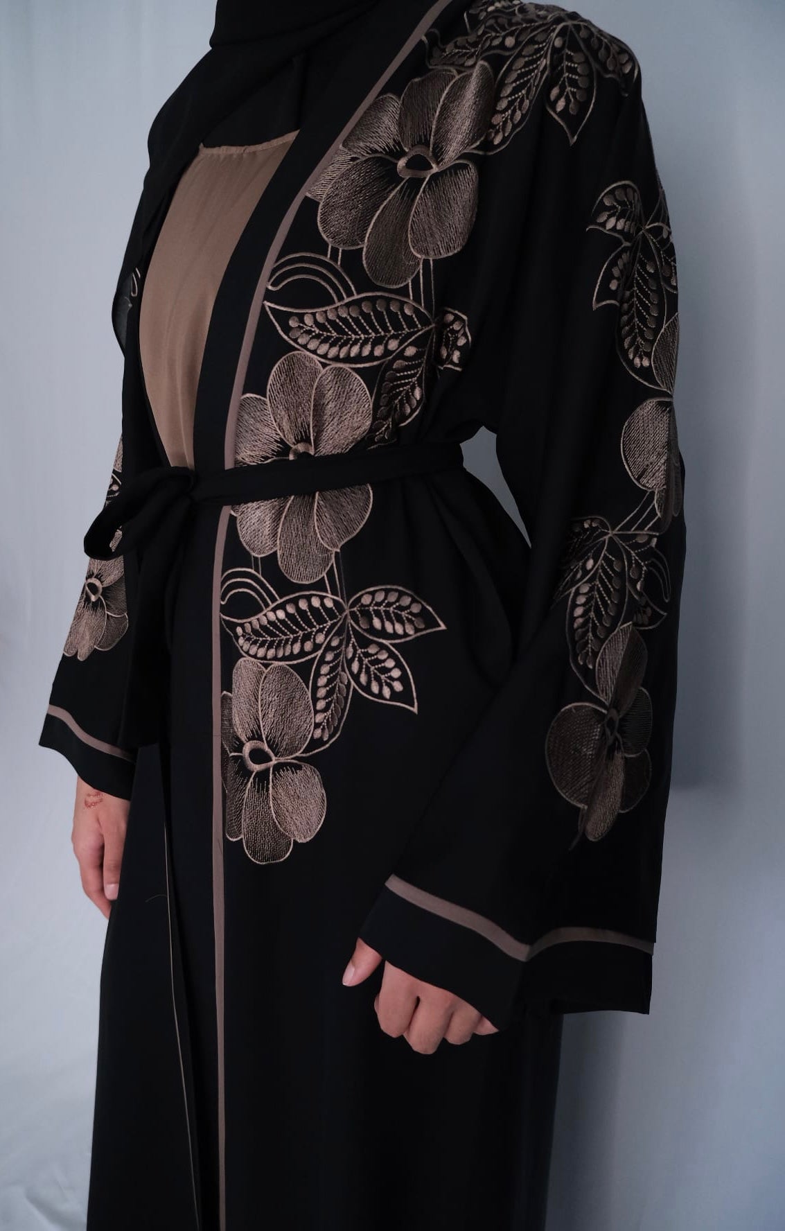 BLACK AND NUDE BROWN FOUR PIECE EMBROIDERED ABAYA