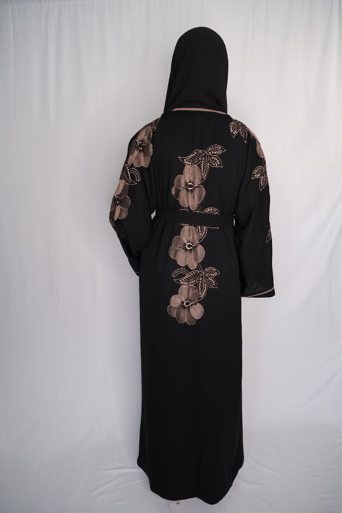 BLACK AND NUDE BROWN FOUR PIECE EMBROIDERED ABAYA
