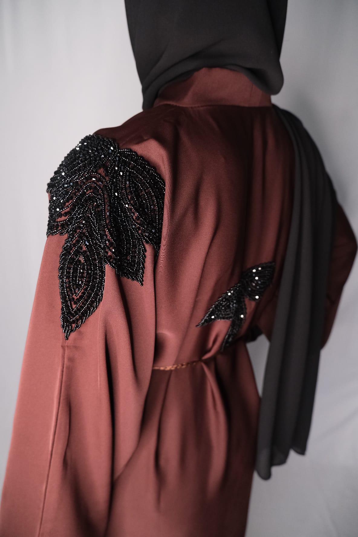 MAHOGANY BROWN BEADED ABAYA