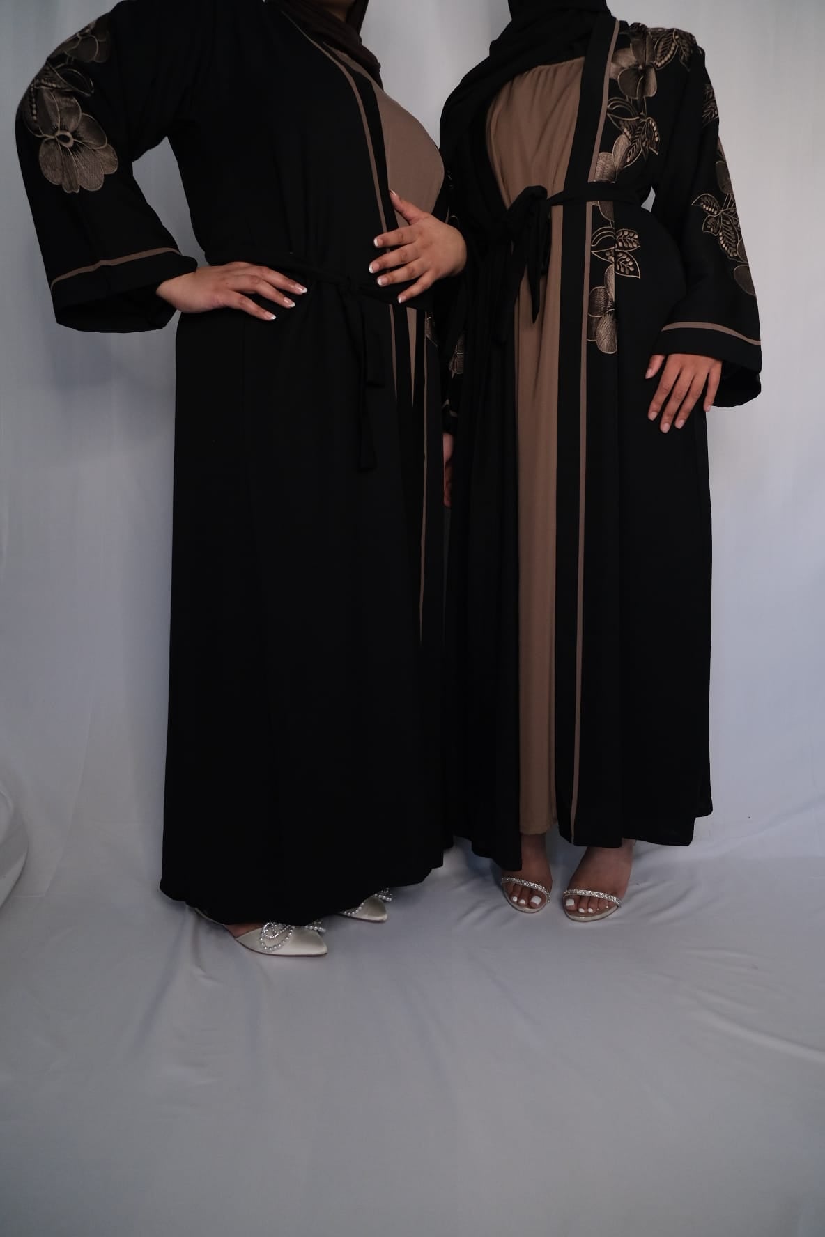 BLACK AND NUDE BROWN FOUR PIECE EMBROIDERED ABAYA