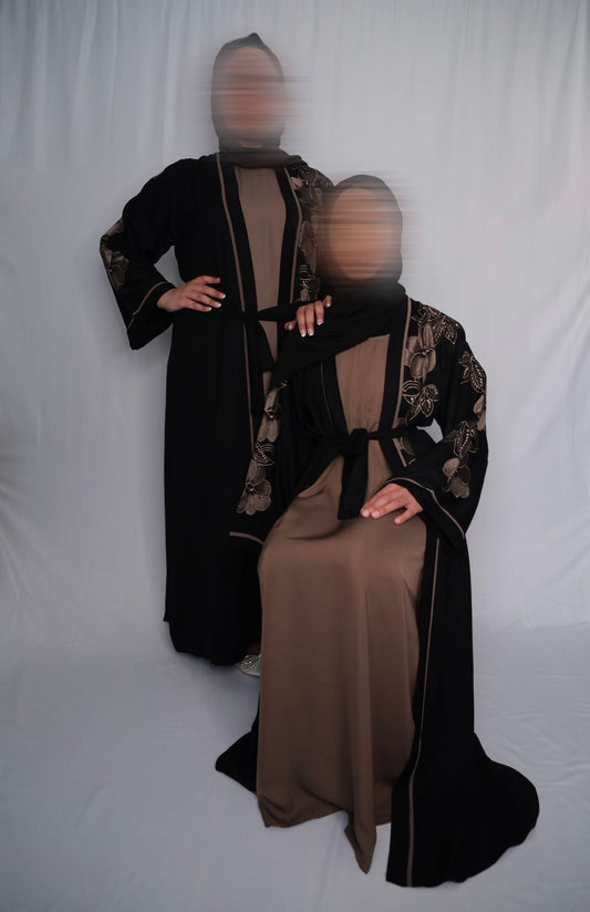 BLACK AND NUDE BROWN FOUR PIECE EMBROIDERED ABAYA